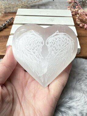 Beautiful Selenite Heart with Engraved Angel Wings